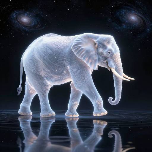 Glowing, neon-blue, illuminated elephant with large white tusks, standing in reflective water, against a starry, cosmic background. Digital CGI
