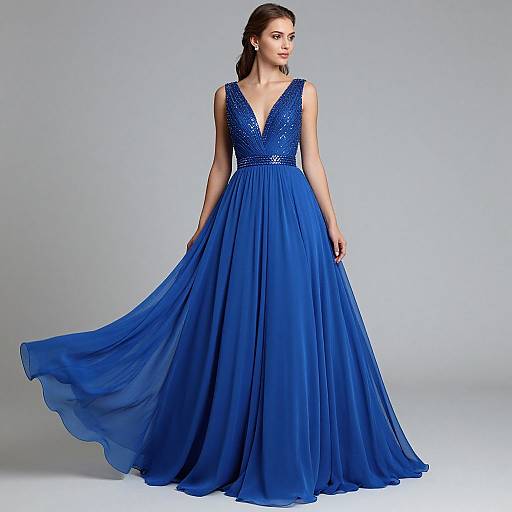 Photograph of a woman in a deep blue, sleeveless, V-neck ball gown with a sparkling bodice and flowing skirt, standing against a plain