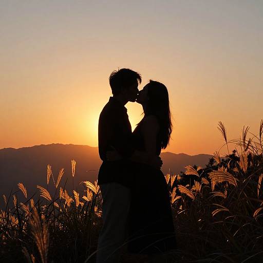 Silhouetted couple kissing at sunset, surrounded by tall grass, with a vibrant orange and purple sky in the background. Photographic image.