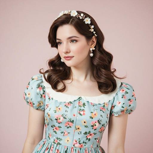 Vintage Floral Dress Woman with Pearl Earrings