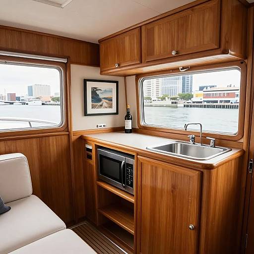 Photograph of a compact RV kitchen with wood-paneled cabinets, a small sink, microwave, and window overlooking city buildings. White cushioned seat in