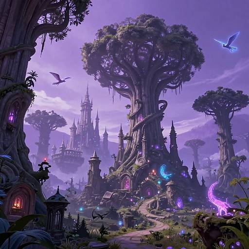 Fantastical fairy tale forest with glowing purple and blue lights, towering twisted trees, whimsical houses, and a mystical castle in the distance. A