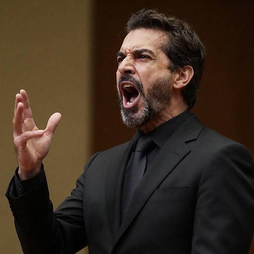 Middle-aged man shouting passionately in black suit
