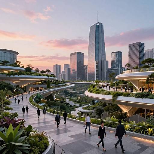 Photograph of a modern urban park at sunset, with curved walkways, lush greenery, and people walking among tall, reflective skyscrapers.