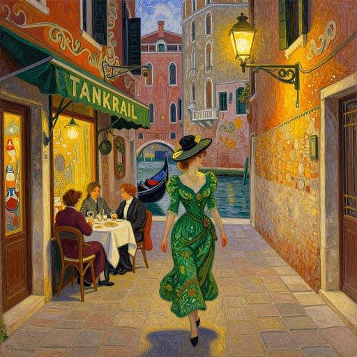 Vibrant oil painting of a Venetian alley with a green-dressed woman in a hat walking past a 