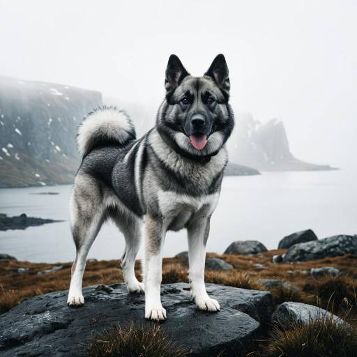Norwegian Elkhound Standing on Rocky Terrain