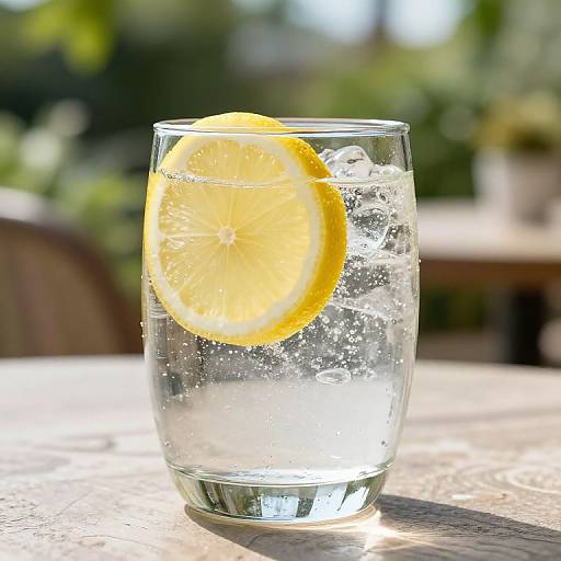 Photograph of a clear glass with a lemon slice, filled with water and ice, on a sunlit wooden table outdoors.