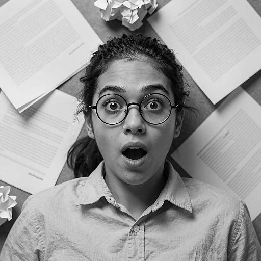 Surprised Individual Amidst Crumpled Papers