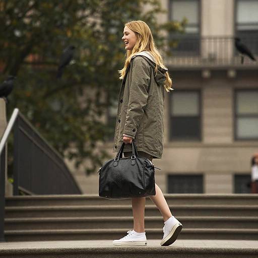 Photograph of a smiling blonde woman in a green coat, white sneakers, and black handbag walking on urban steps, blurred buildings in background.