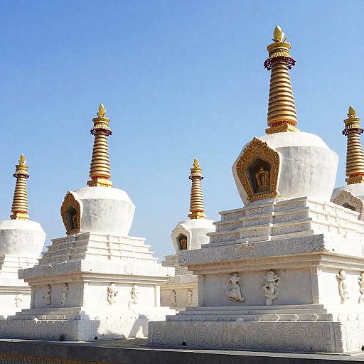 Golden-Tipped Buddhist Stupas Under Blue Sky