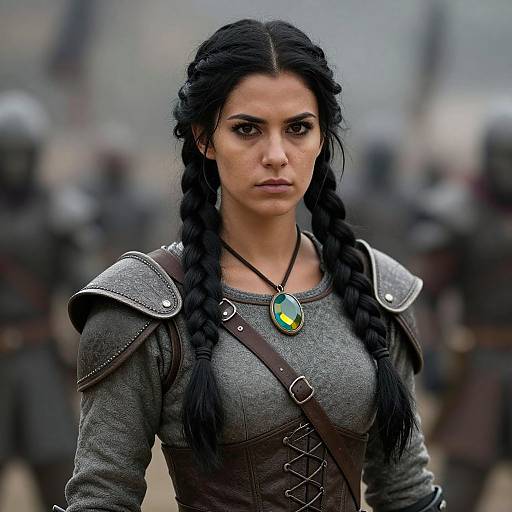 Photograph of a serious, dark-haired woman with braided hair, wearing medieval armor and a gray tunic, featuring a blue and yellow pendant,