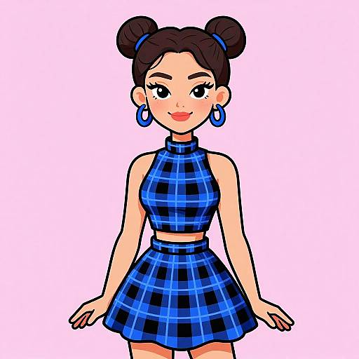 Digital drawing of a cute, smiling Asian woman with black hair in buns, blue checkered sleeveless top and skirt, blue hoop earrings.