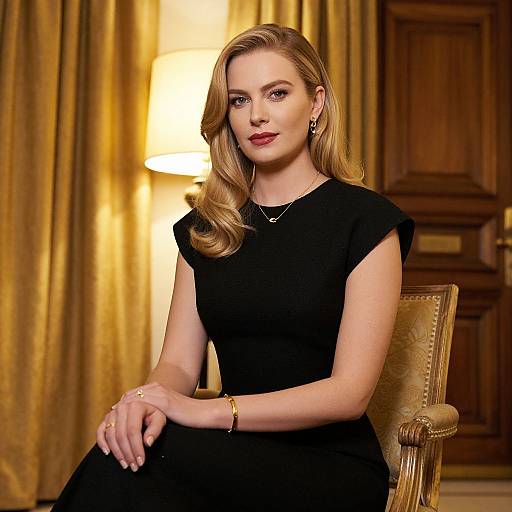 Photograph of a blonde woman with wavy hair, wearing a black dress and gold jewelry, sitting in a luxurious room with golden curtains and a lit