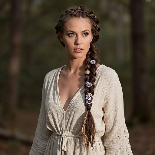Photograph of a fair-skinned woman with braided brown hair, wearing a white, long-sleeved, V-neck dress, adorned with white