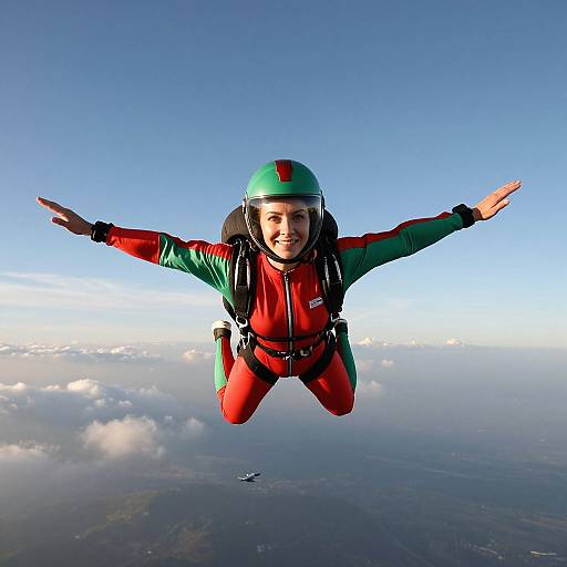 Photograph of a smiling woman with fair skin, green helmet, red and green jumpsuit, mid-jump, arms outstretched, against a