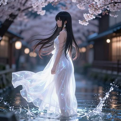 Digital anime-style artwork of a long-haired woman in a glowing white dress standing in a night-time, cherry blossom-lit, water-filled street.
