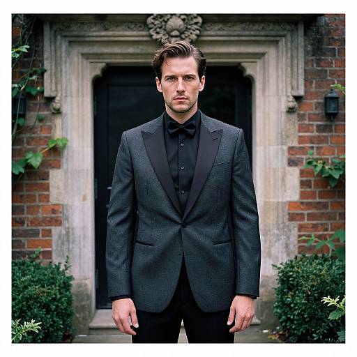 Photograph of a handsome, serious-looking man with short brown hair, wearing a black suit and black shirt, standing in front of a brick building with