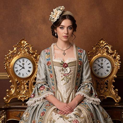 Photograph of a fair-skinned woman in an elaborate, 18th-century-style, gold and blue embroidered gown, seated between two ornate,