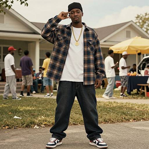 Photograph of a confident black man in a plaid shirt, white tee, and jeans, wearing a black cap, gold chain, and black-and