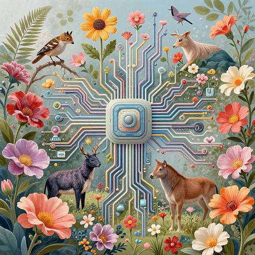 Digital illustration: Centered CPU with colorful circuitry surrounded by vibrant flowers, two deer, and birds in a lush, detailed garden.
