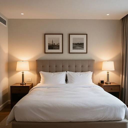 Photograph of a modern, minimalist hotel bedroom with a tufted gray headboard, two white pillows, white duvet, two lit table lamps
