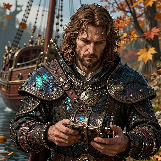 Photorealistic digital art of a rugged, bearded man with wavy brown hair, wearing shimmering, medieval armor, examining a small, glowing