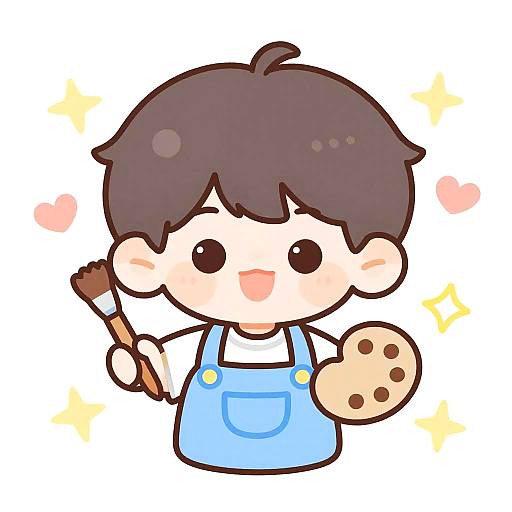 Chibi-style digital drawing of a cute boy with dark brown hair, wearing blue overalls, holding a paintbrush in one hand and a cookie in
