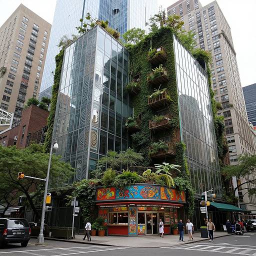 Photograph of a modern glass building covered in greenery, with colorful murals at the base, surrounded by urban architecture.