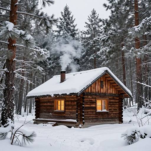 Photograph of a rustic wooden cabin with glowing yellow windows, steaming chimney, and snow-covered roof, nestled in a dense winter forest.