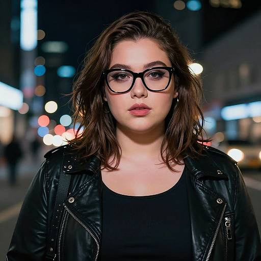 Photograph of a young woman with pale skin, dark brown wavy hair, black-rimmed glasses, black leather jacket, and black top,