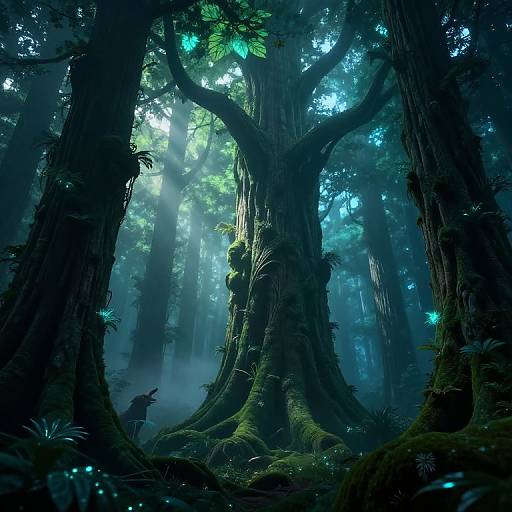 Mystical forest scene: dark, towering trees with glowing blue luminescent mushrooms, moss-covered trunks, and ethereal light filtering through the