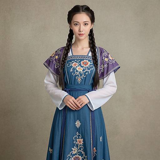 Photograph of an Asian woman with braided hair, wearing a blue embroidered dress with white sleeves and purple embroidered shoulders, standing against a plain gray background