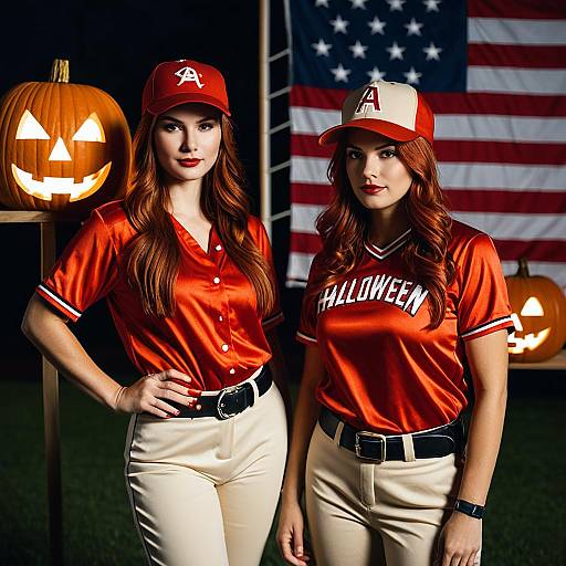Women in Halloween Baseball Costumes with Jack-O'-Lanterns