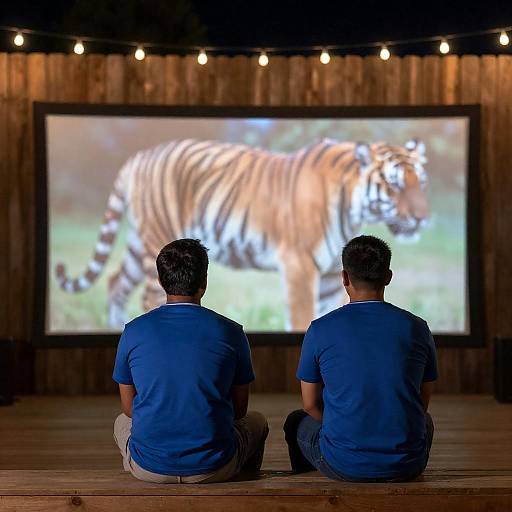 Men Watching Tiger on Screen at Night