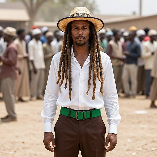 Photograph of a serious Black man with long dreadlocks, wearing a straw hat, white shirt, and brown pants with a green belt, standing in