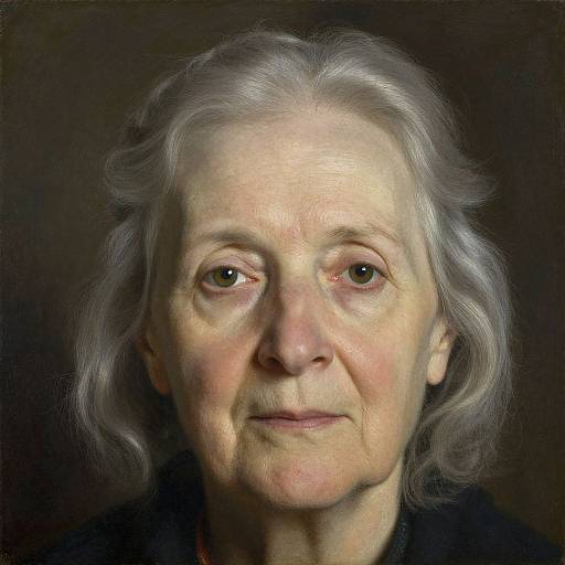 Photorealistic portrait of an elderly woman with white, wavy hair, fair skin, green eyes, and a gentle expression against a dark background.