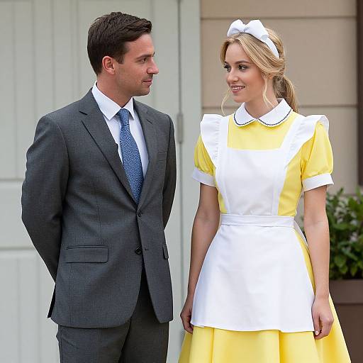 Photograph of a man in a gray suit and blue tie standing beside a woman in a yellow and white 1950s-style maid dress, both