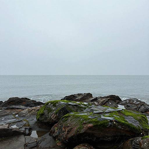 Photograph of a rocky shoreline with moss-covered dark rocks in the foreground, leading to a calm, gray ocean under an overcast sky.