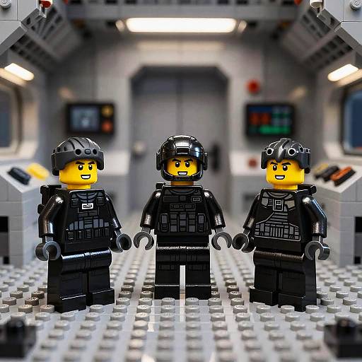 Photograph of three black-armed LEGO minifigures with yellow faces, wearing tactical gear and helmets, standing in a blurred gray LEGO corridor.