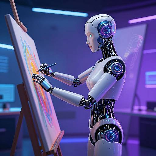Photograph of a sleek, white humanoid robot with blue accents painting on an easel in a futuristic, blue-lit studio.