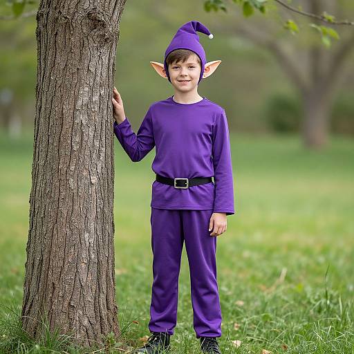 Photograph of a smiling young boy with pointed elf ears, wearing a purple long-sleeve shirt, pants, and hat, standing beside a tree