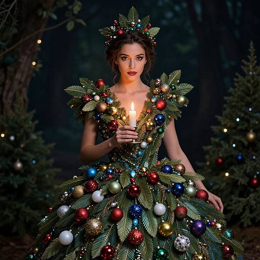 Photograph of a fair-skinned woman with red lips and dark hair, wearing a Christmas tree dress adorned with lights and ornaments, holding a candle in