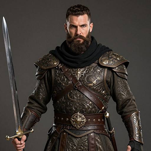 Photograph of a muscular, bearded man in ornate medieval armor holding a gleaming sword, dark background, intense expression.