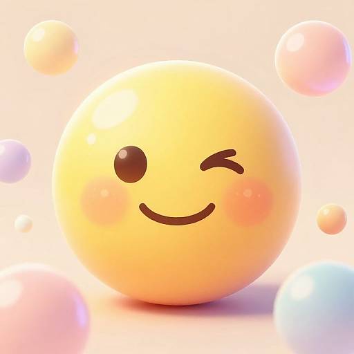 Photorealistic CGI of a glowing, yellow, spherical emoji with a winking eye and smiling mouth, surrounded by soft, pink bubbles against a bright