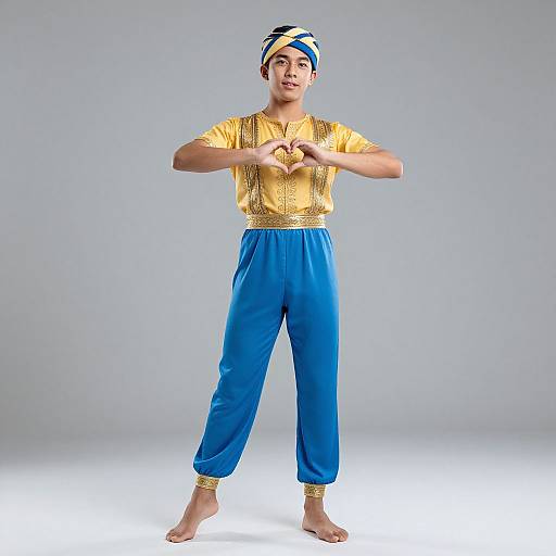 Photograph of a young person with light brown skin, wearing a yellow embroidered shirt, blue pants, and a blue and white headwrap, forming a
