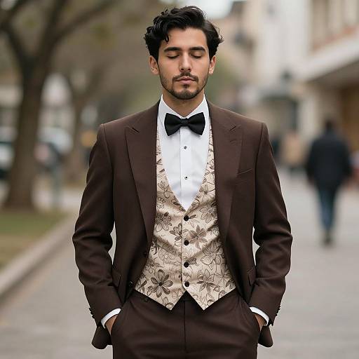 Photograph of a handsome man with dark hair and beard, wearing a brown suit, white shirt, black bow tie, and patterned vest, standing