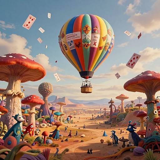 Whimsical digital artwork of a colorful hot air balloon with playing card designs over a surreal, mushroom-filled desert landscape with flying cards and quirky creatures.