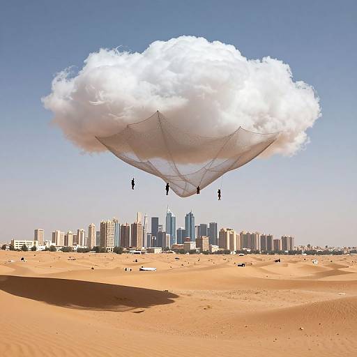 Photorealistic digital artwork: Two silhouetted figures parachuting from a large, white cloud over a desert with a distant city skyline.