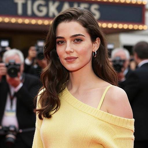 Photograph of a beautiful young woman with long dark hair, wearing a yellow off-shoulder sweater, standing at a red-carpet event with photographers