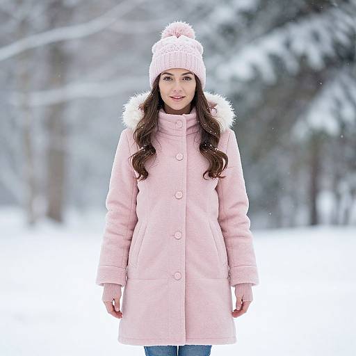 Photograph of a young woman with long brown hair, wearing a pink coat, fur-trimmed hood, and matching pink knit hat, standing in